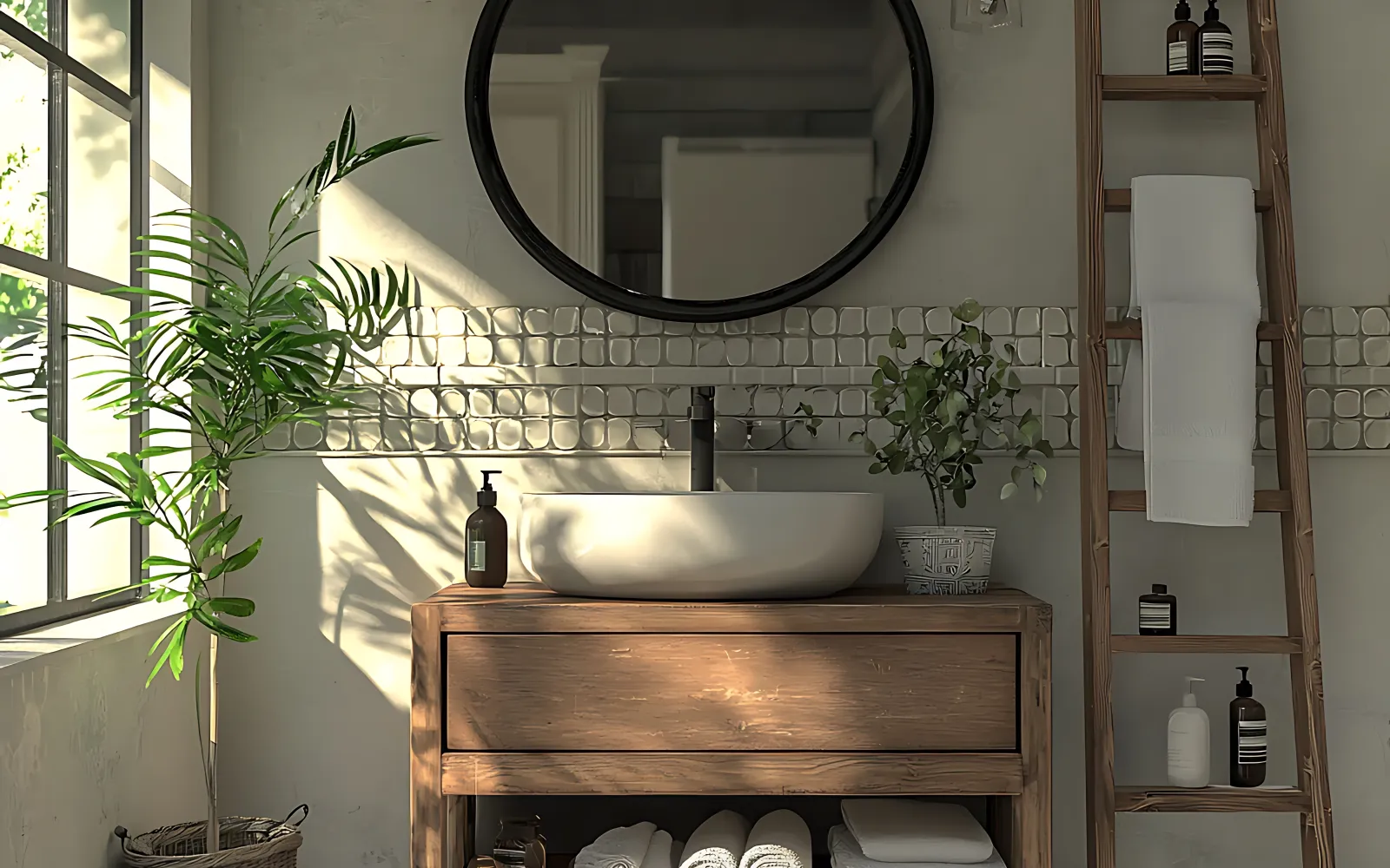 Baño pequeño y luminoso con lavabo de madera, espejo redondo, toallas claras y una planta