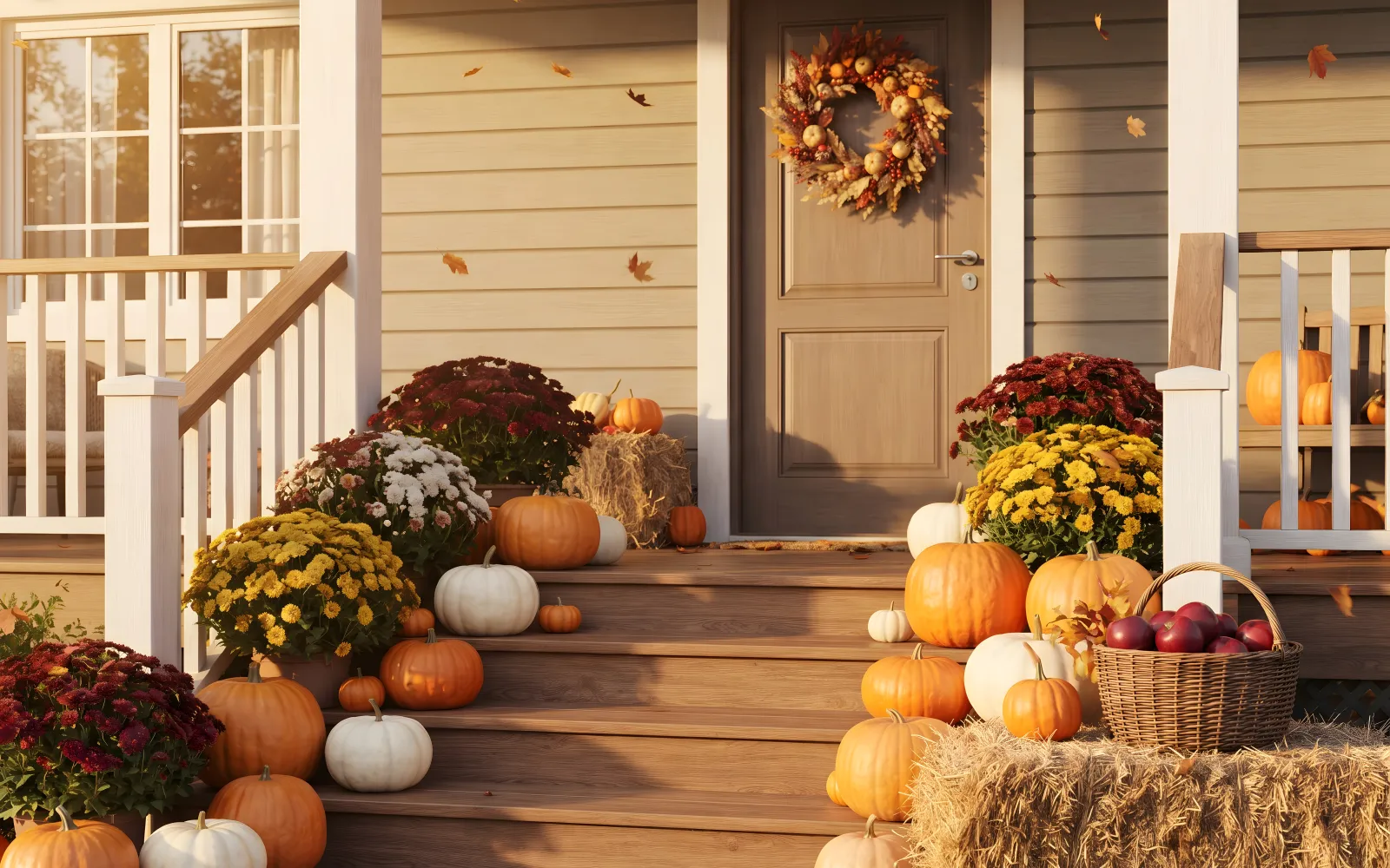 Porche de una casa decorado para otoño con calabazas de varios tamaños, crisantemos y una corona en la puerta