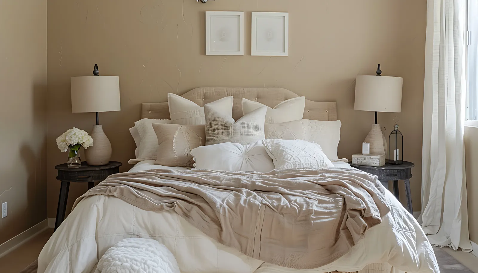 Recámara en tonos beige con cama tapizada, dos burós con lámparas y un cuadro sobre la cabecera