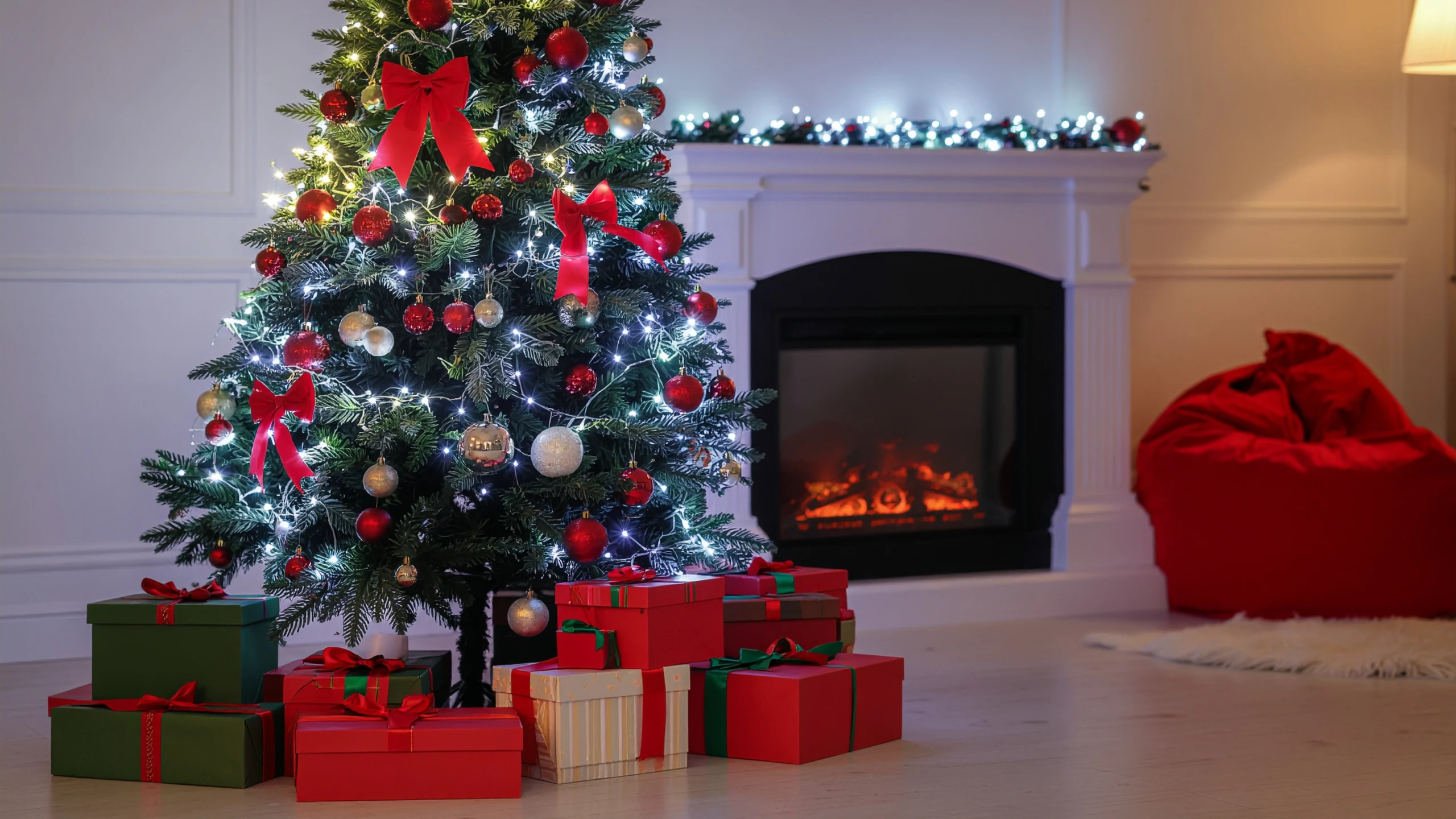Sala decorada para Navidad con árbol iluminado, regalos rojos y chimenea